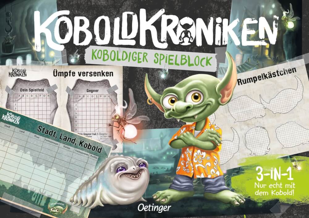 KoboldKroniken. Koboldiger Spielblock. 3-in-1 Nur echt mit dem Kobold. 3 Spiele in einem: Stadt Land Kobold, Rumpelkäs