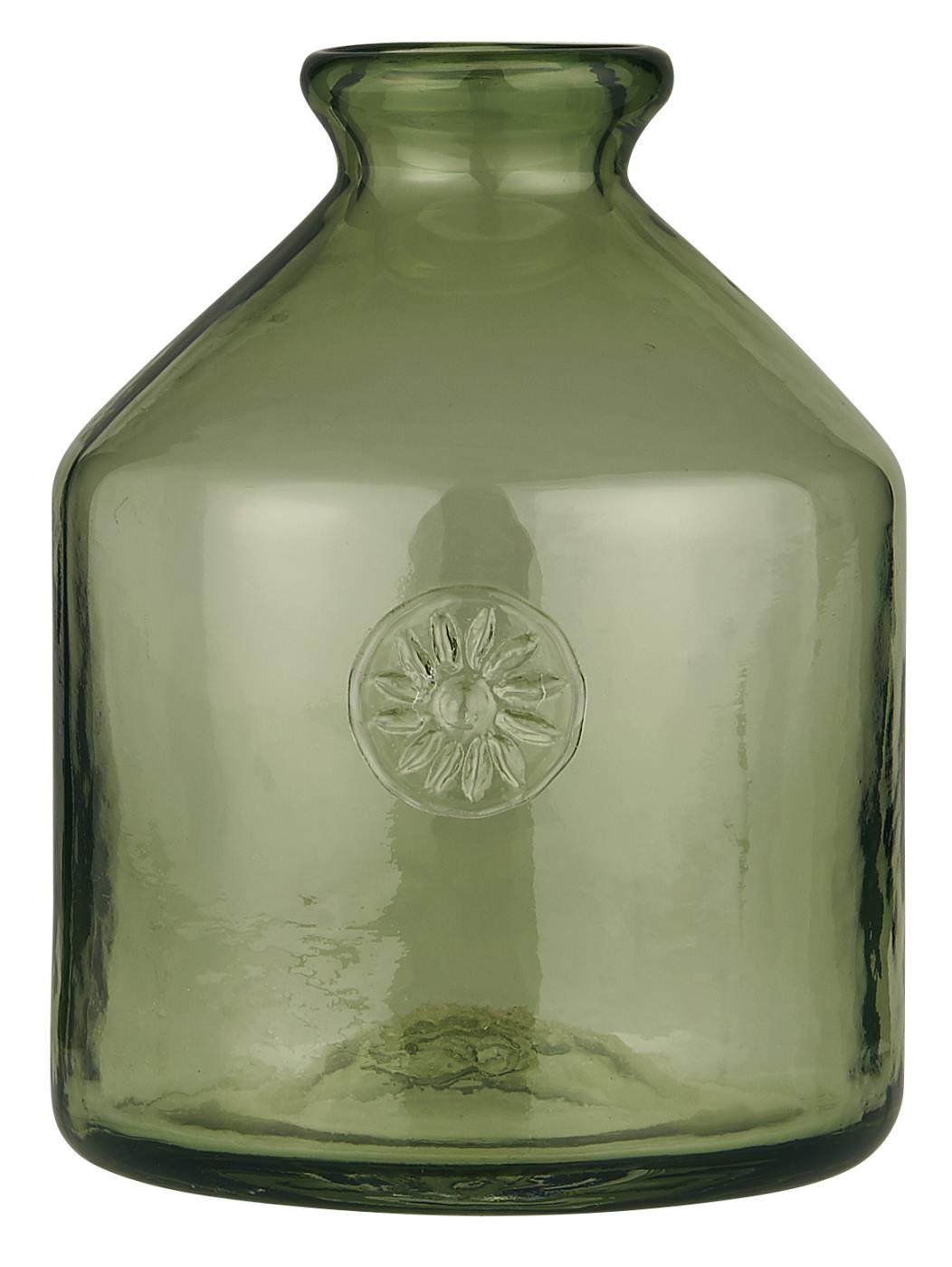 IB Laursen Glasflasche m/Blumenemblem grünes Glas NON FOOD mundgeblasen